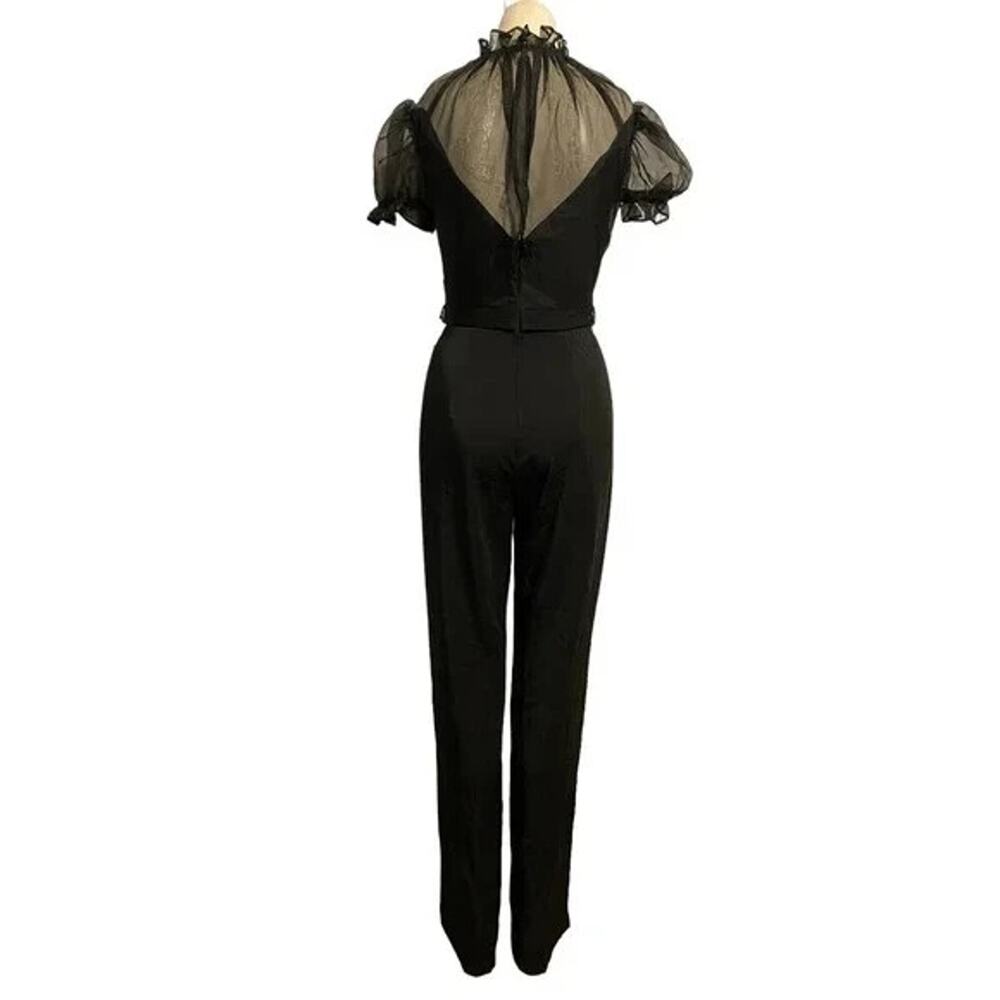 MAC DUGGAL BLACK BELTED ILLUSION HIGH NECK CAP SLEEVE JUMPSUIT SZ 14 NWT - Picture 5 of 6
